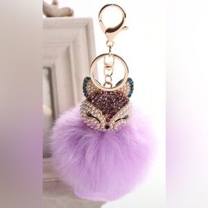 Pearl & Purple Rhinestone Fox Head with Purple Pom Pom, Purse Charm / Keychain.